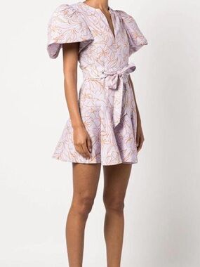 Jonathan Simkhai Lavender and Orange Floral Belted Puff-Sleeve Dress